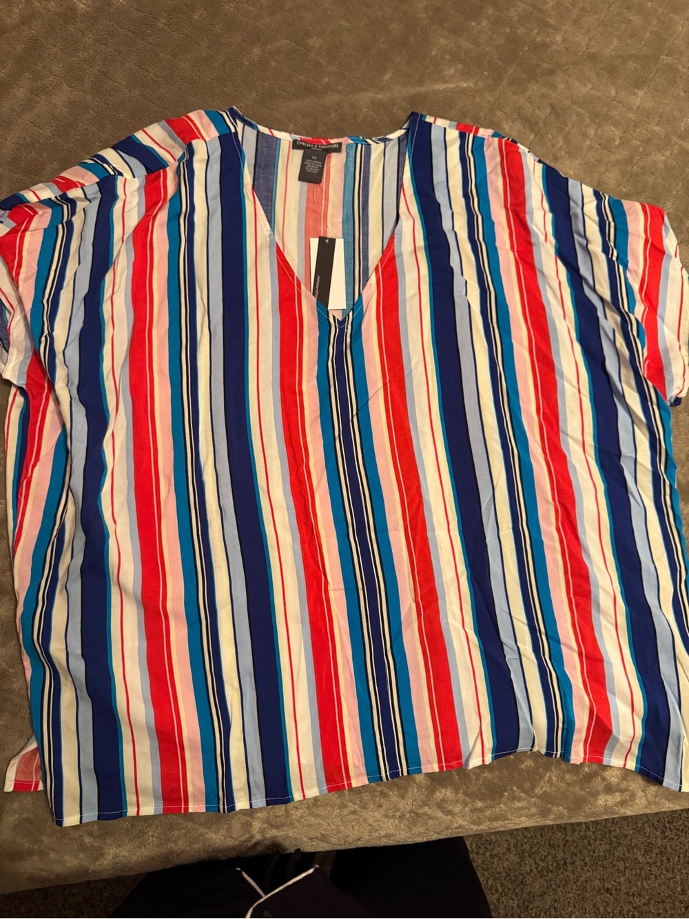 Striped V-Neck Blouse in Red, Blue & White NEW